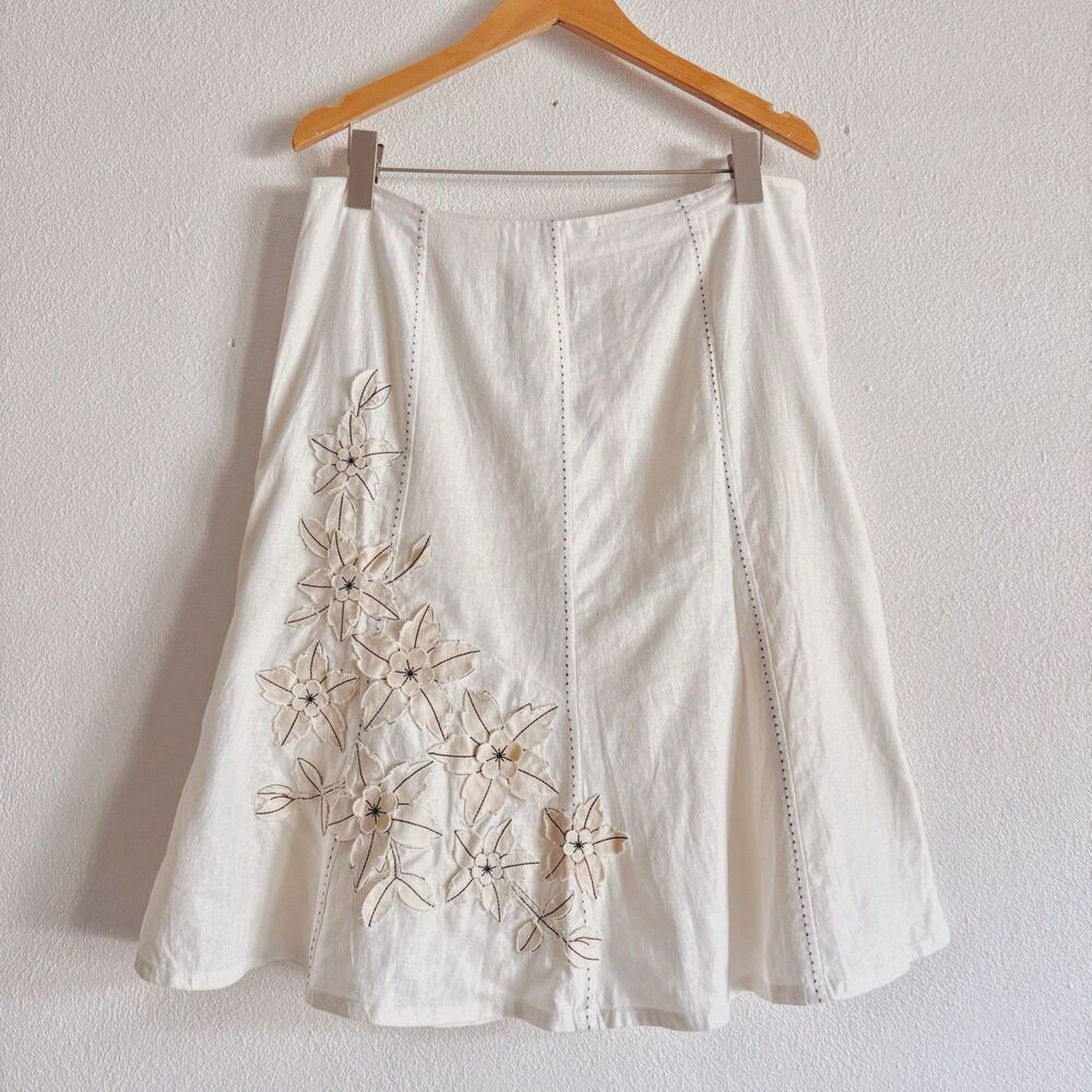 y2k vintage linen blend white midi skirt w/ floral details
